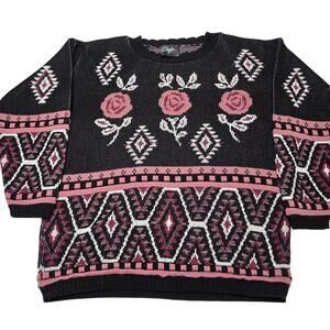 Vintage Cafe La Vie Black Pink Floral Women’s MockNeck Sweater Size Large USA